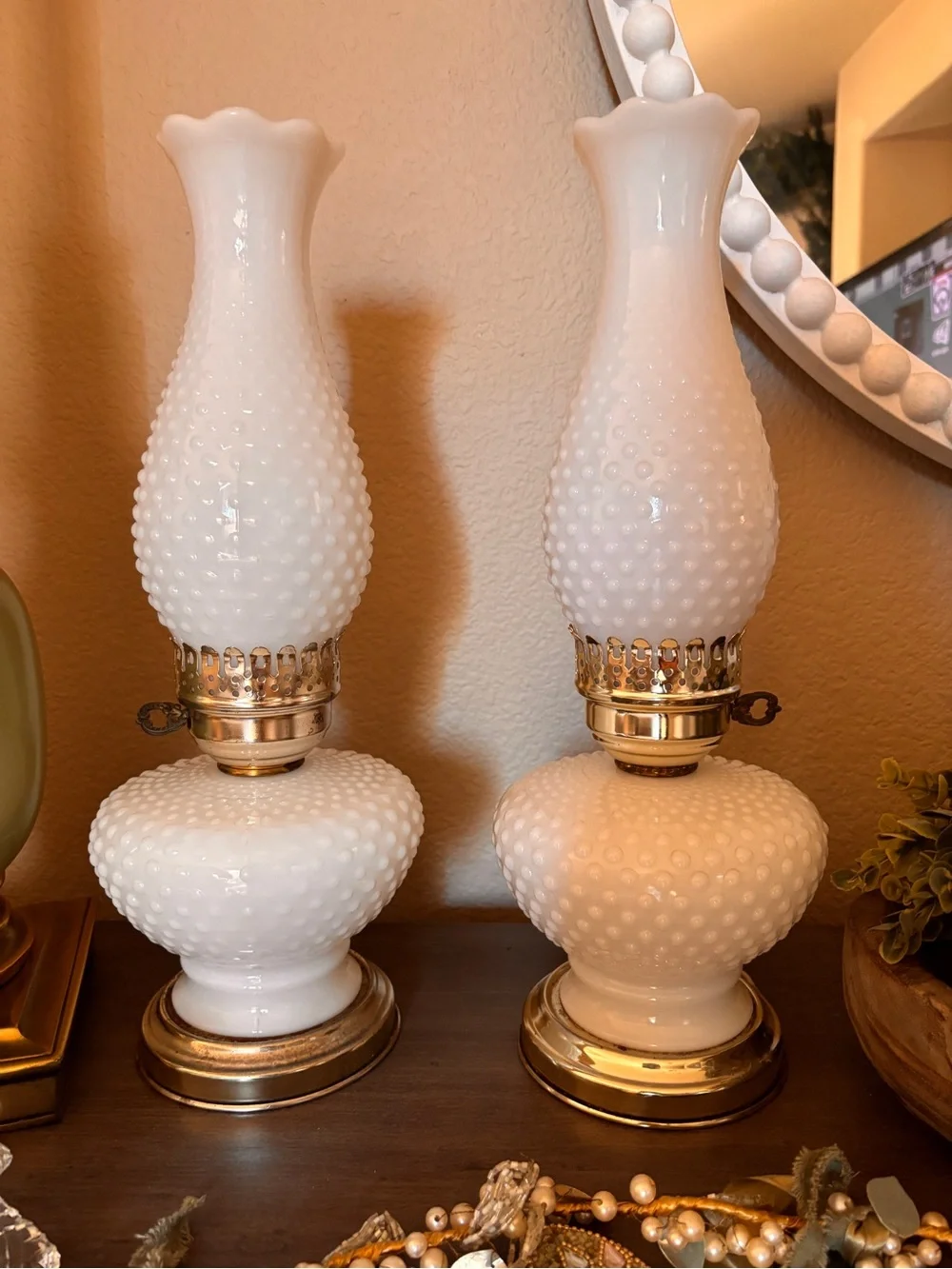 Vintage Pair Richlite Hobnail Milk Glass Hurricane Table Lamps 17” Ruffled
